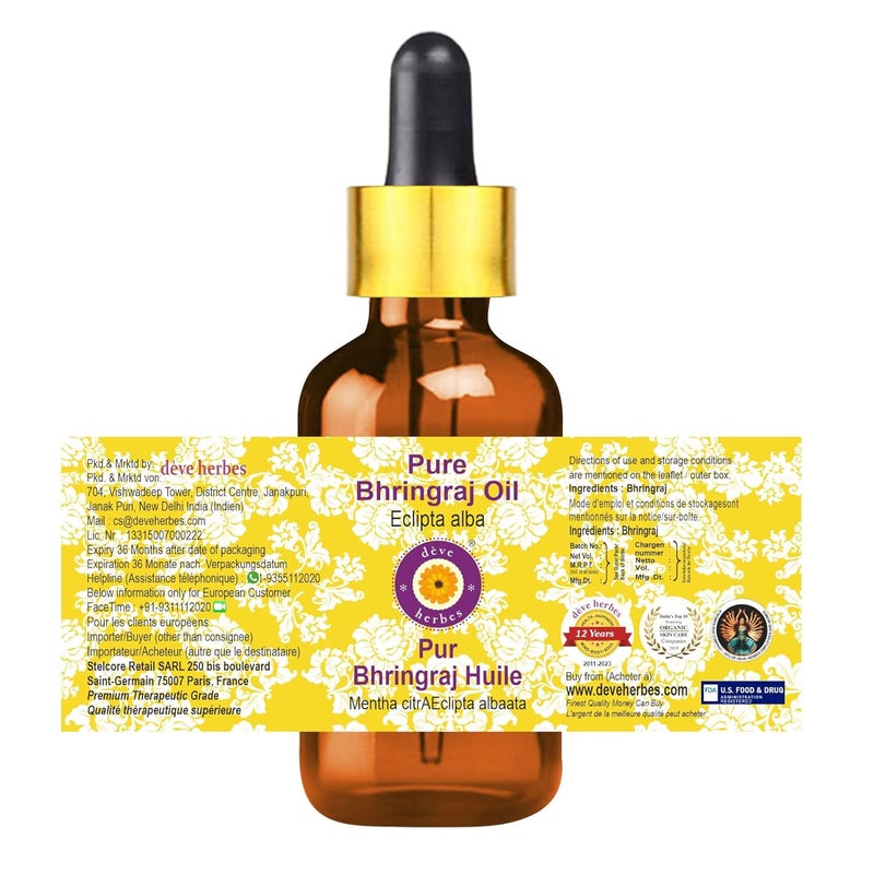 Deve Herbes Deve Herbes Bhringraj Oil Eclipta alba with Glass Dropper  Infused  Pure  NonSticky  Lightweight  For Scalp Application  Traditional Ayurvedic  Men  Women  15ml  - Image 3