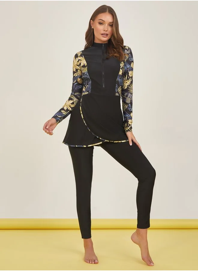 ستايلي Printed Contrast Peplum Zip Burkini