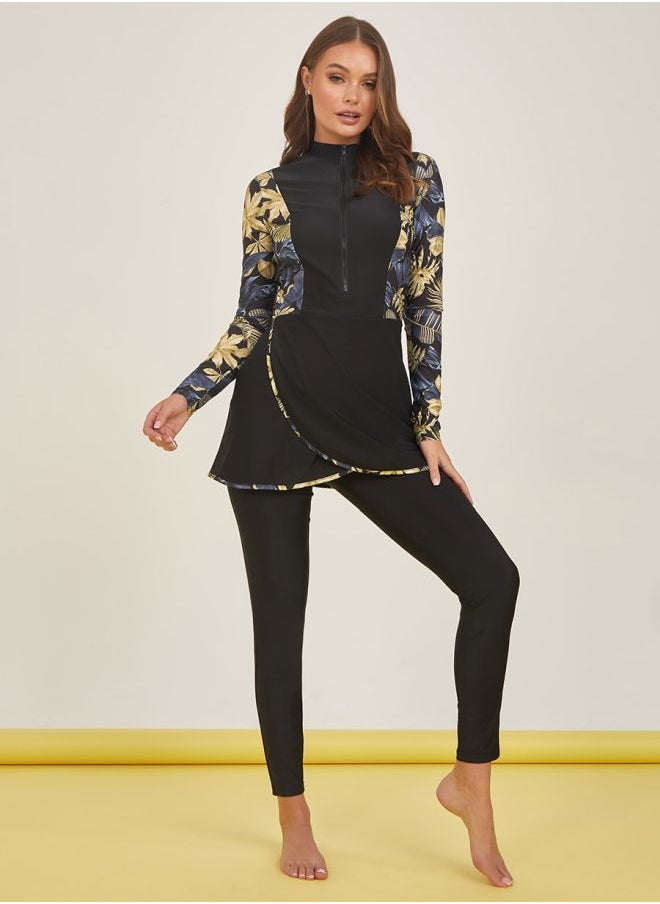 Styli Printed Contrast Peplum Zip Burkini  - Image 1
