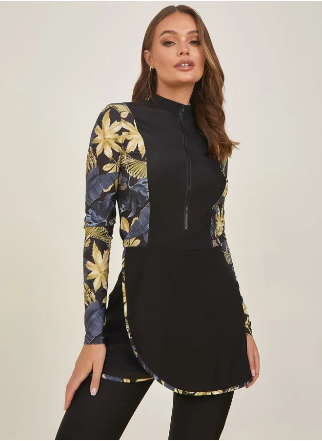 Styli Printed Contrast Peplum Zip Burkini