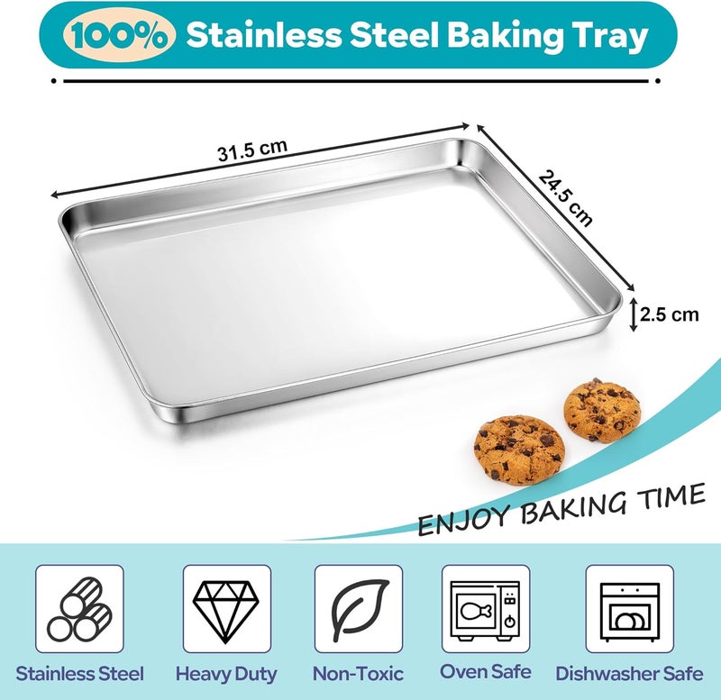 Herogo Baking Tray Set of 2, Stainless Steel Baking Sheet Pans, Rectangle Oven Trays Set for Baking Cooking Roasting, Healthy & Non-Toxic, Mirror Polished, Dishwasher Safe – 31.5x24.5x2.5 cm - Image 2