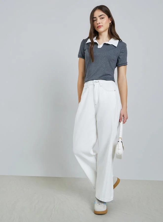 Styli Women Barrel Fit Cut and Sew Panel Jeans