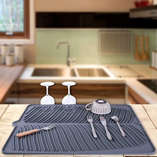 Yacee 100% Waterproof BPA Free Silicone Dish Drying Mat - 24" x 18" x 0.3" Large Drainer Mat Protection Heat Resistant Trivet Counter Top Mat Sink Non Slip Dish Draining Mat Dish Washer Safe(XL, Gray) - Image 3