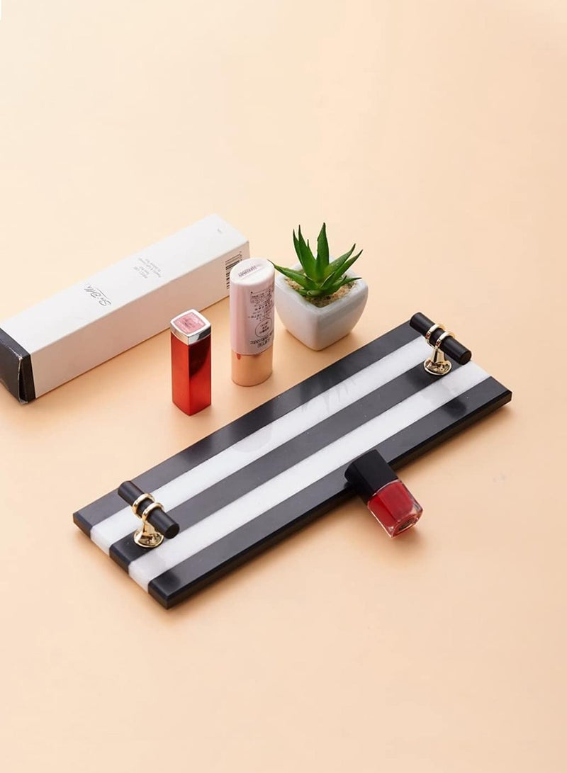 1Chase Black and White Stripe Natural Marble Tray with Black and Gold Handle, 30x12CM - Image 2