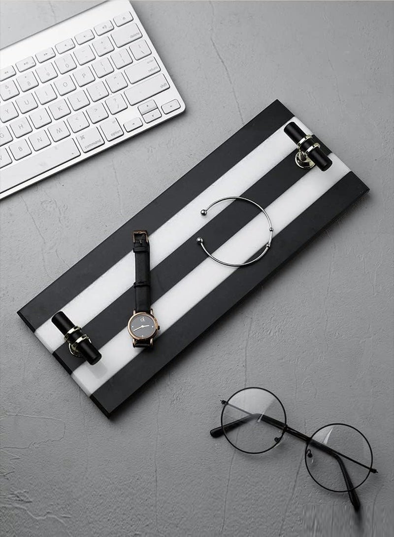 1Chase Black and White Stripe Natural Marble Tray with Black and Gold Handle, 30x12CM - Image 4
