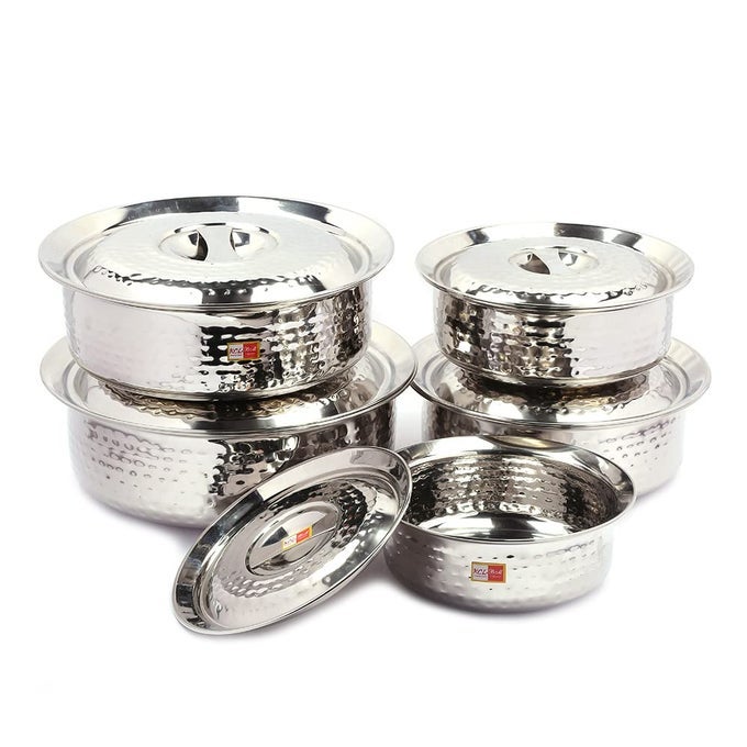 STAINLESS STEEL MIRROR FINISH HAMMERED ARABIAN CHETTY/HANDI FOR COOKING N SERVING - SET OF 5 - (CAPACITY - 1500ML, 2000ML, 2500ML, 3000ML, 3500ML)