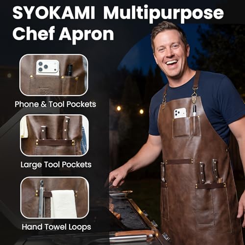 SYOKAMI Synthetic Leather Chef Cooking Apron for Men, Cross Back Apron for All-Day Comfort, Waterproof Apron with Multiple Pockets, Great for Kitchen, Garden, BBQ, Butcher Work or Crafts, Ideal Gift - Image 2