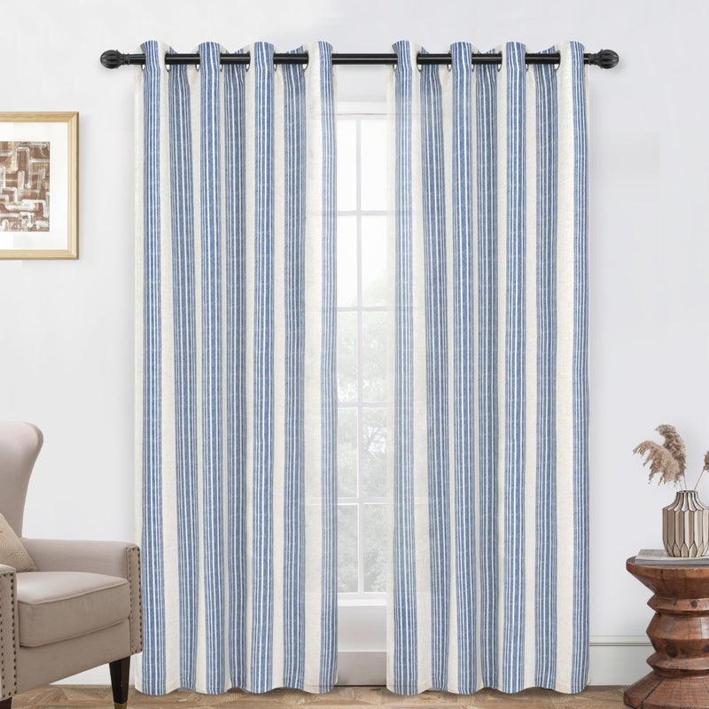 DriftAway Farmhouse Curtains for Living Room Vertical Striped Linen Curtains Semi Sheer Light Filtering Grommet Window Treatments, 102 Inches Long, 2 Panels, Jean Navy on Beige - Image 1