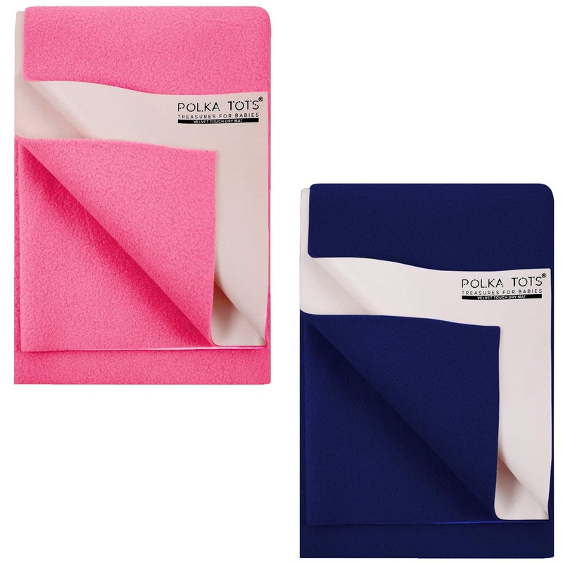 POLKA TOTS Waterproof Reusable Baby Bed Protector Absorbent Mat Dry Sheet for New Born Infants Pack of 2 DarkBlue Pink 50 X 70 CM Small - Image 1