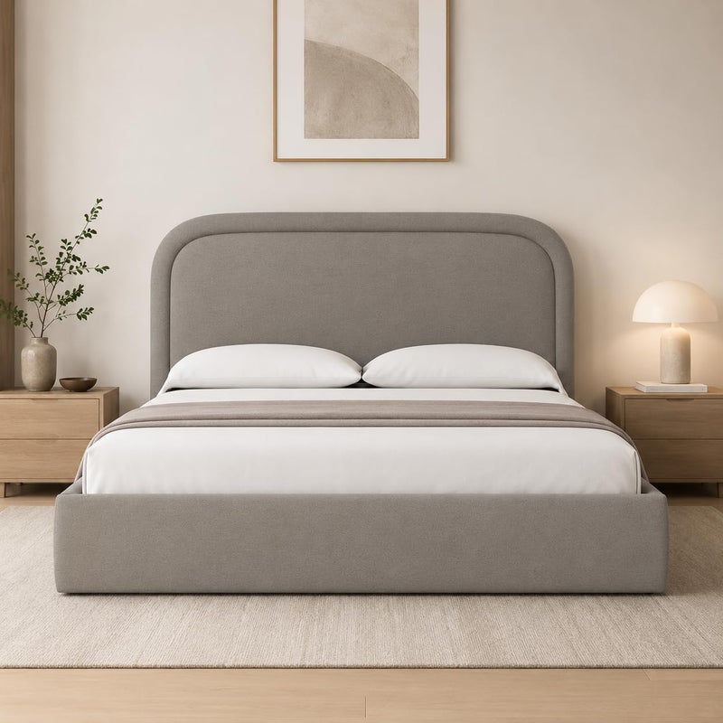 Modern Upholstered Bed Frame with Padded Curved Headboard - Light Grey Queen Size - Image 1