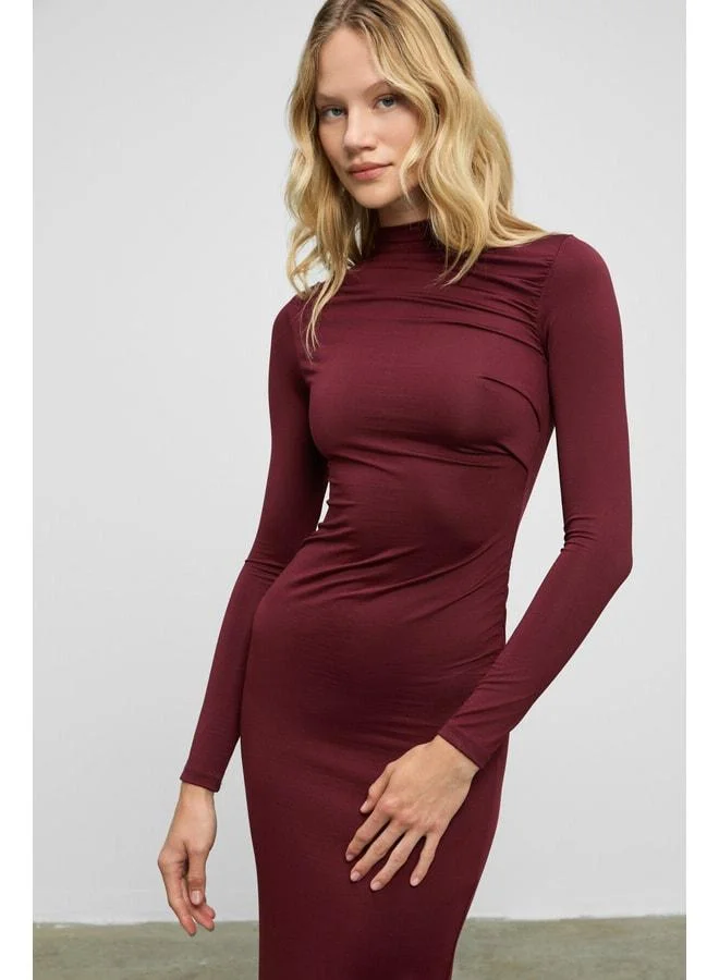 GRIMELANGE EFLOUR Women's Straight-Collar Dress with Pleated Details, Stretch Fabric, Long Burgundy Dress.