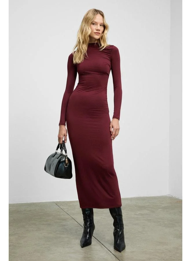 GRIMELANGE EFLOUR Women's Straight-Collar Dress with Pleated Details, Stretch Fabric, Long Burgundy Dress.