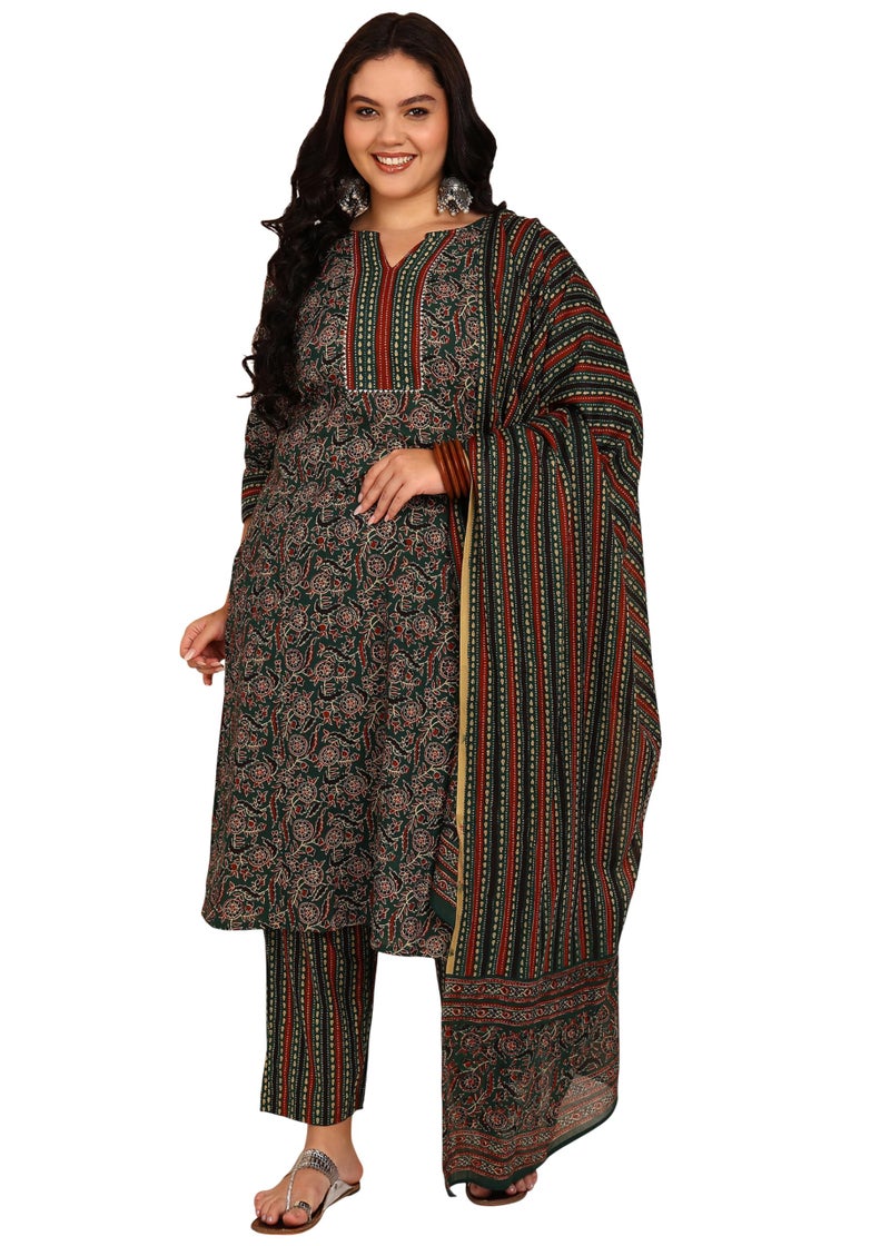 Yash Gallery Women's Cotton Floral Print Notch Neck With Gota Detailing 3/4th Sleeve Staright Kurta with Elastic Bottom and Duptta (Green) - Image 1
