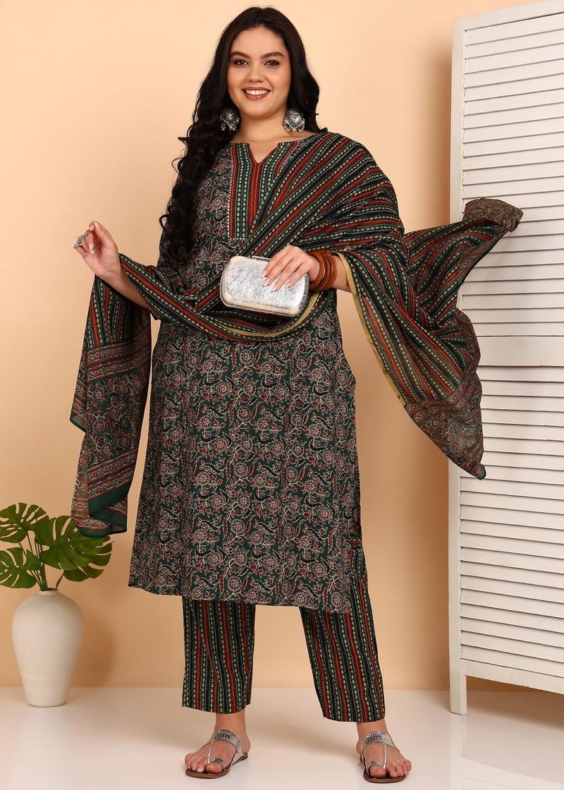 Yash Gallery Women's Cotton Floral Print Notch Neck With Gota Detailing 3/4th Sleeve Staright Kurta with Elastic Bottom and Duptta (Green) - Image 2