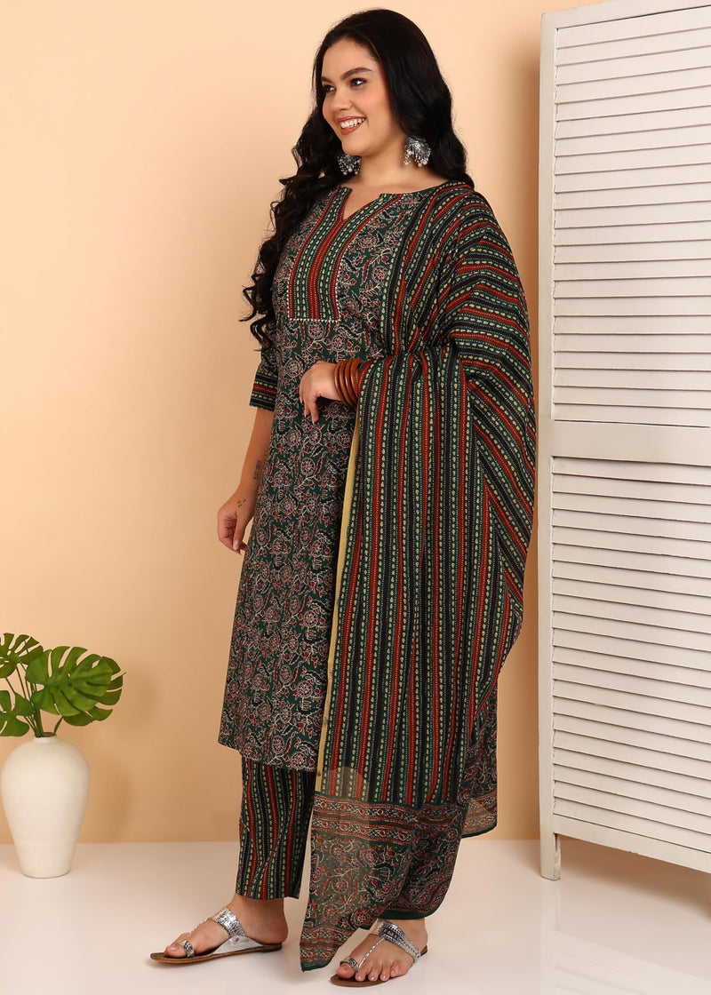 Yash Gallery Women's Cotton Floral Print Notch Neck With Gota Detailing 3/4th Sleeve Staright Kurta with Elastic Bottom and Duptta (Green) - Image 3