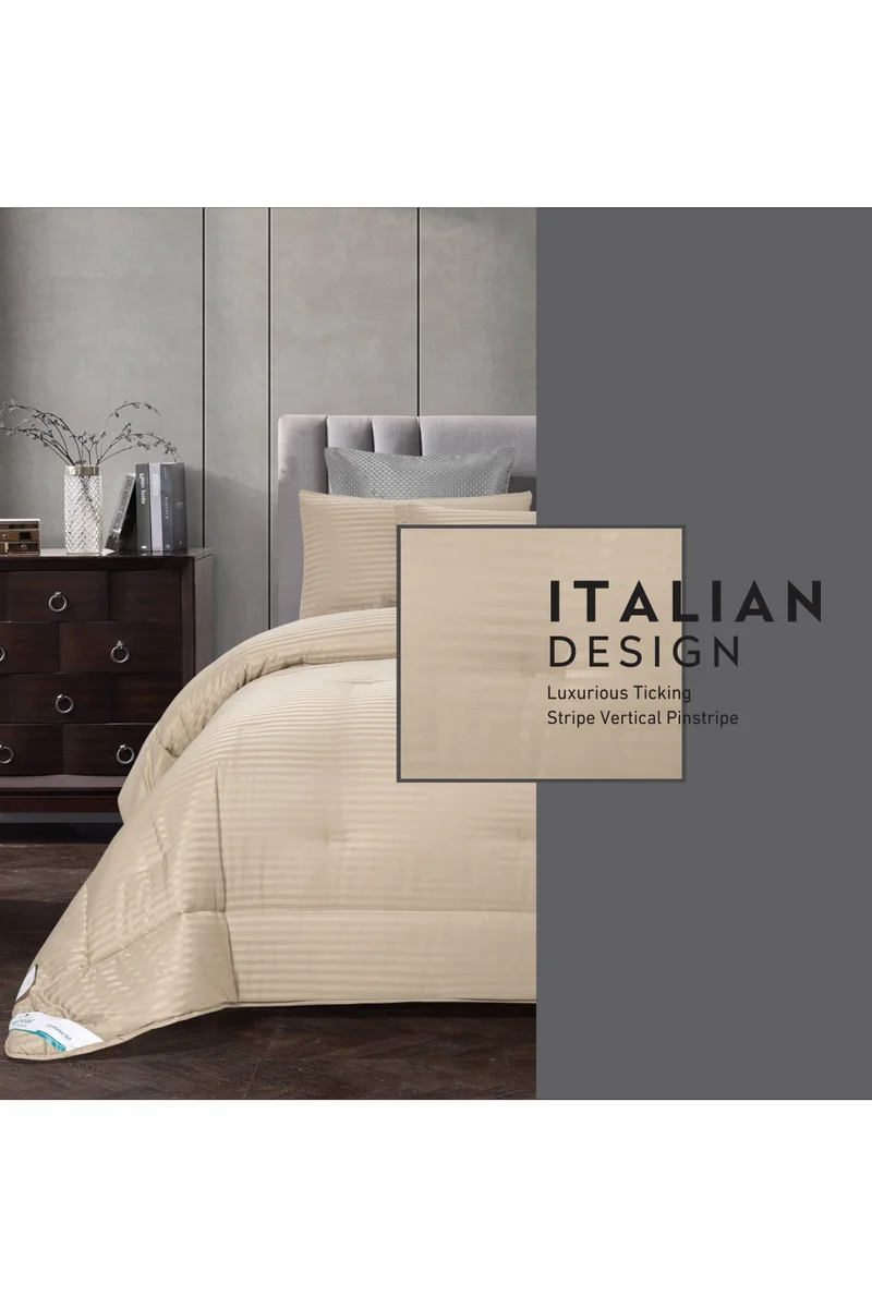 Donetella Comforter Set 4-Pcs Single Size Hotel Style Thin Striped Bed Set Fits 140 x 200 Cms (350 GSM) With Down Alternative Filling,Beige