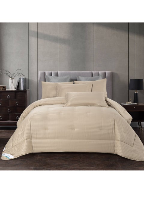 Comforter Set 4-Pcs Single Size Hotel Style Thin Striped Bed Set Fits 140 x 200 Cms (350 GSM) With Down Alternative Filling,Beige