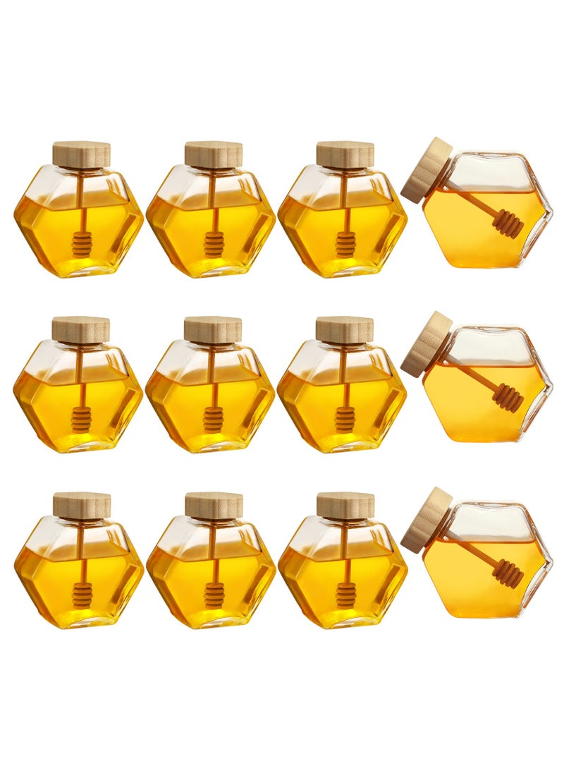 SKYLINK 12Pack 8 oz Honey Jar Glass Honey Jar Wooden Dippers and Bamboo Lids, Clear Hexagon Honeypots for Honey Storage, Kitchen, Home, Party Favors, DIY Gifts  - Image 1