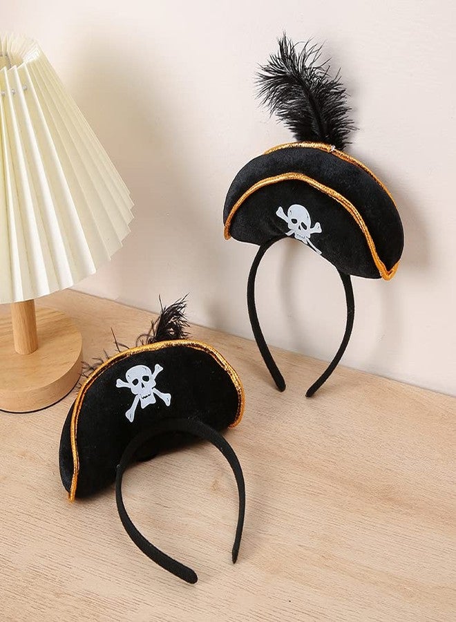 Hosfairy 2Pcs Halloween Pirate Hat Headband Skull Feather Mini Pirate Top Hat Headband Halloween Costume Accessories for Halloween Decoration Pirate Theme Costume Party Supplies - Image 4