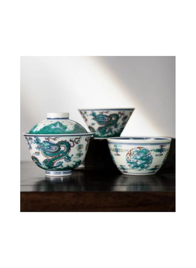 1-Set Chinese Old Porcelain Blue and White Bowl Tea Set,Chinese Tea Bowl with Cover and Cups,Chinese Traditional Handicraft Ceramic Tea Set  - Image 2