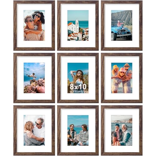 Vittanly 8x10 Picture Frames Set of 9, Shatter Resistant Plexiglass, Display 5x7 Pictures with Mat or 8x10 without Mat, Photo Frames for Wall or Tabletop, Engineered Wood, Brown - Image 1