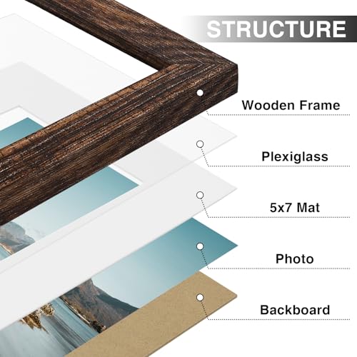 Vittanly 8x10 Picture Frames Set of 9, Shatter Resistant Plexiglass, Display 5x7 Pictures with Mat or 8x10 without Mat, Photo Frames for Wall or Tabletop, Engineered Wood, Brown - Image 2