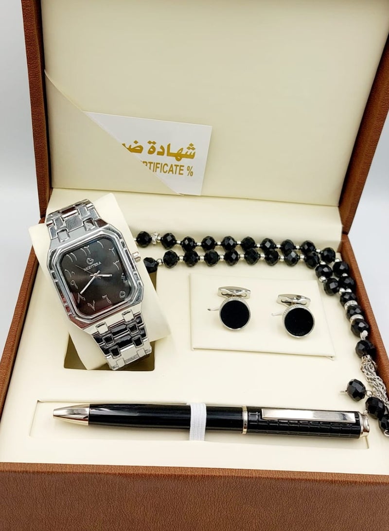 مونتيرا طقم رجالي مكون من ٤ قطع ساعة وقلم وكبك وسبحه