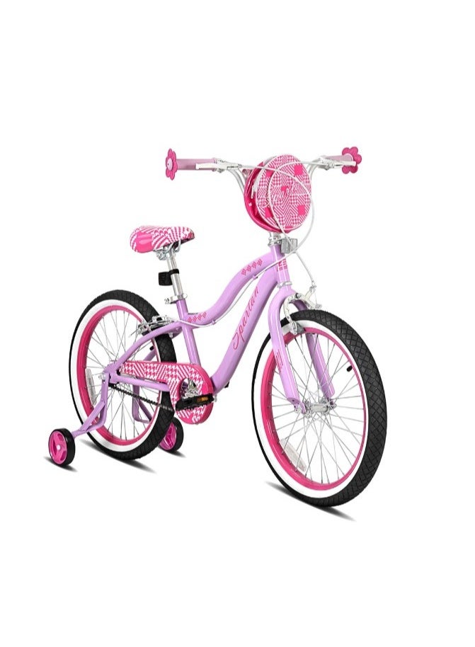 Spartan 20" Serena Girls Bicycle with Training Wheels | Steel Frame, Adjustable Seat & Handlebar, Rear Mudguard | Big Bike for Ages 6 to 9 | White & Purple with Flowers & Step-Through Frame | SP-3261 - Image 1