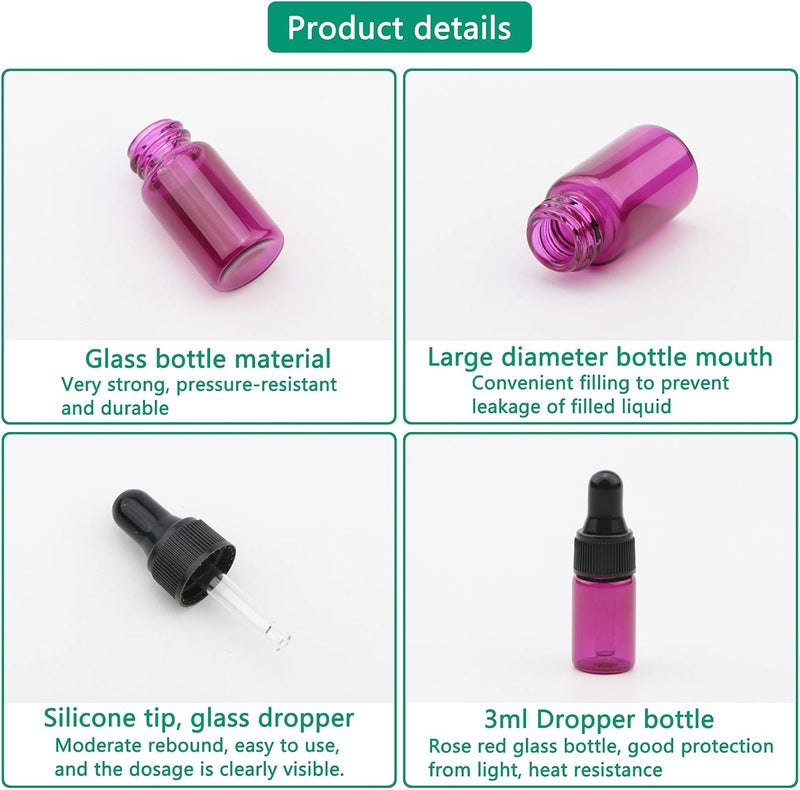 Rowiz 30 PCS 3ml Pink Glass Dropper Bottles Essential Oil Glass Bottle with Pipettes Dropper&Black Screw Cap Mini Glass Sample Bottles Vials for Perfume Cosmetic Liquid Aromatherapy Lotion - Image 4