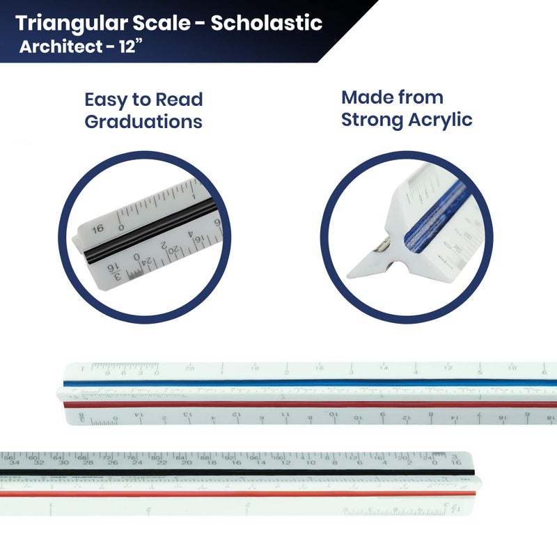 Pacific Arc Architect Triangle Scale Ruler 12 Inch with Acid Etched Markings Openly Divided by 3/32, 3/16, 1/8, 1/4, 3/8, 1/2, 3/4, 1, 1H, and 3 Inch to The Foot - Image 4