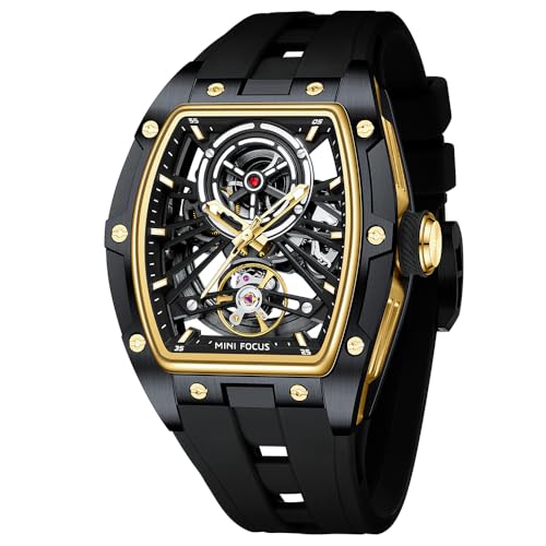 MF MINI FOCUS Unique Men Watches,Automatic Mechanical Watch,Luxury Hollow Tonneau Watches for Men with Stainless Steel Case and Silicon Band (Self-Wind Movement/5ATM Waterproof/Super_Luminous) - Image 1