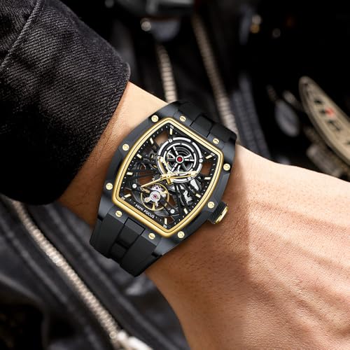MF MINI FOCUS Unique Men Watches,Automatic Mechanical Watch,Luxury Hollow Tonneau Watches for Men with Stainless Steel Case and Silicon Band (Self-Wind Movement/5ATM Waterproof/Super_Luminous) - Image 3