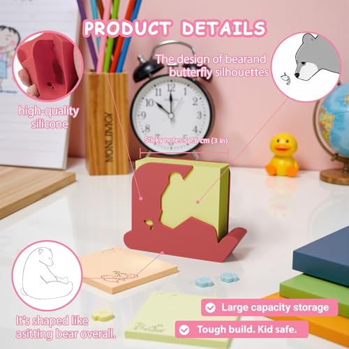 Li & Zhao Li&Zhao Bear Sticky Note Holder - Cute Post It Note Dispenser Memo Dispenser Pen Holder Sticky Note Dispenser Post It Note Holder Notepad Holder for Desk School Office(Red) - Image 5