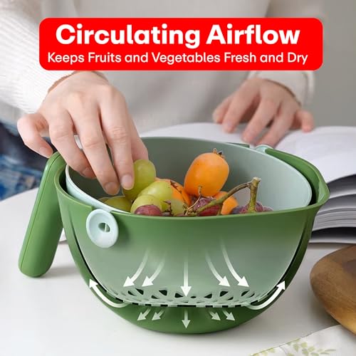 Prime Pick Spin Wash Drain Basket Multipurpose Dual Layer Rice Fruit Vegetable Washer 90 Degree Tilt Airflow Design Durable Handle Kitchen Washing Strainer Colander Green - Image 2