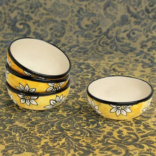 Caffeine Ceramic Handmade Californian Sunflower Printed Katori Bowl (200 ML, Set of 4, Microwave Safe & Dishwasher Safe) - Image 1