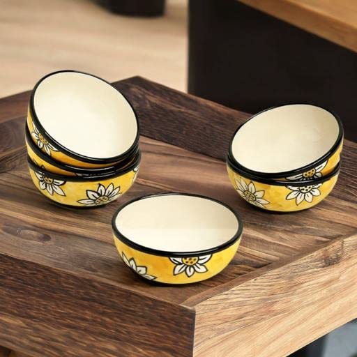 Caffeine Ceramic Handmade Californian Sunflower Printed Katori Bowl (200 ML, Set of 4, Microwave Safe & Dishwasher Safe) - Image 3