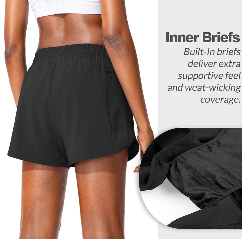 Soothfeel Womens Running Shorts with Zipper Pockets High Waisted Athletic Gym Workout Shorts for Women with Liner Black - Image 3