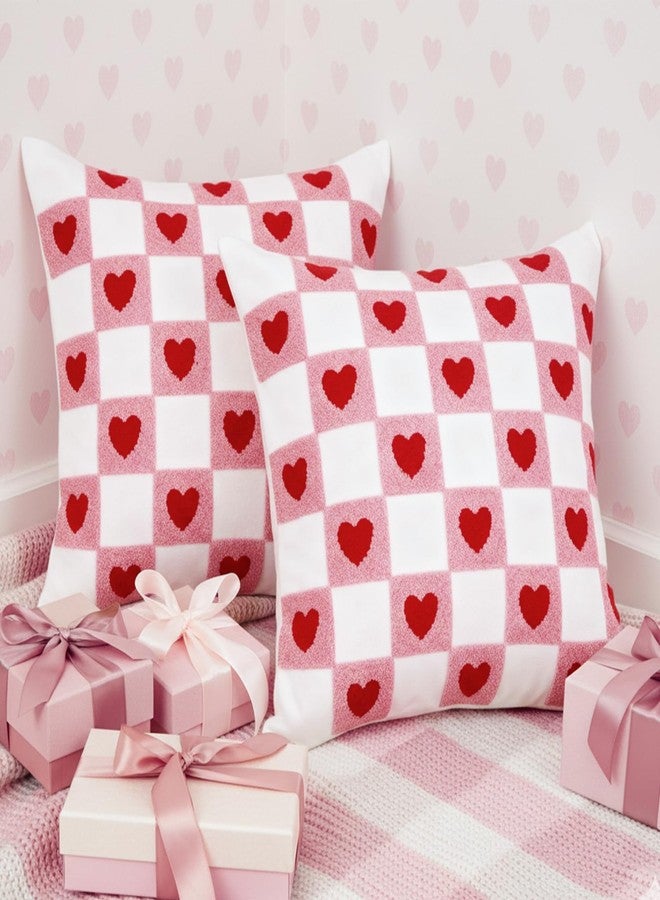 DN DECONATION Valentine's Day Pillow Covers 18x18 Inch Set of 2, Sherpa Pink & Red Checkered Heart Throw Pillow Covers for Couch Bed, Romantic Home Decor for Living Room Farmhouse Decoration - Image 2