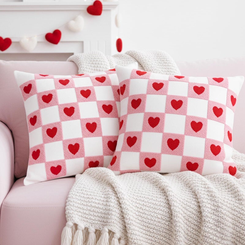 DN DECONATION Valentine's Day Pillow Covers 18x18 Inch Set of 2, Sherpa Pink & Red Checkered Heart Throw Pillow Covers for Couch Bed, Romantic Home Decor for Living Room Farmhouse Decoration - Image 1