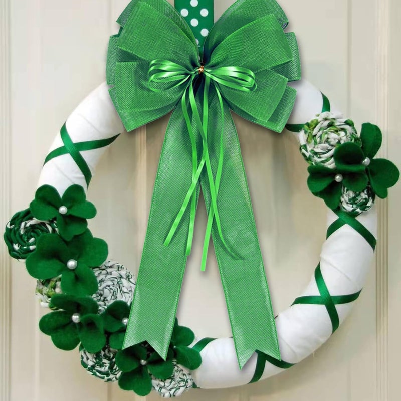 Hongsome 2 PCS Green St Patricks Day Wreath Bow Decor,St Patricks Day Tree Topper Bow Decorations,Decorative Bow with Green Burlap and Glitter String for Holiday Home Front Door Outdoor - Image 5