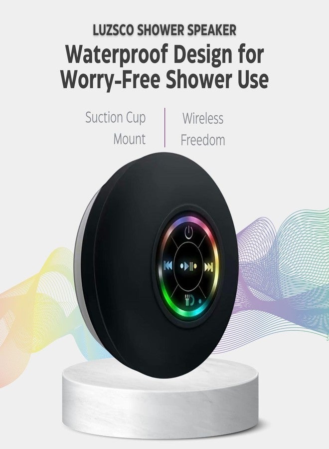 Luzsco Waterproof Bluetooth Shower Speaker with LED, IPX4 Portable Wireless Hands-Free Mini Speaker, Built-in Mic, Suction Cup, Rechargeable for Bath Beach Home - for iPhone Smartphone Tablet (Black) - Image 5