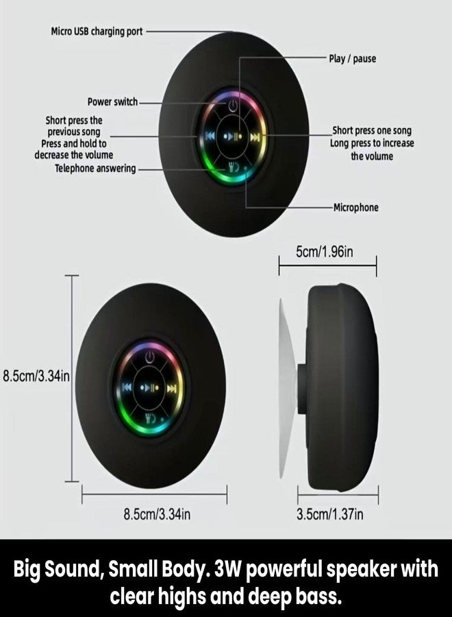 Luzsco Waterproof Bluetooth Shower Speaker with LED, IPX4 Portable Wireless Hands-Free Mini Speaker, Built-in Mic, Suction Cup, Rechargeable for Bath Beach Home - for iPhone Smartphone Tablet (Black) - Image 4