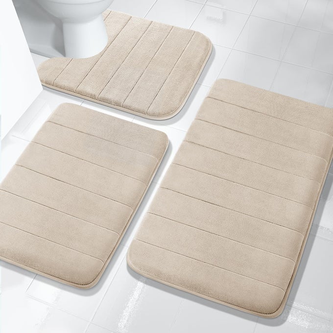 3 PIECES MEMORY FOAM BATH MAT SETS 315 X 198 17X24 AND USHAPED FOR BATHROOM RUGS TOILET MATS NONSLIP SOFT COMFORTABLE WATER ABSORPTION MACHINE WASHABLE BEIGE