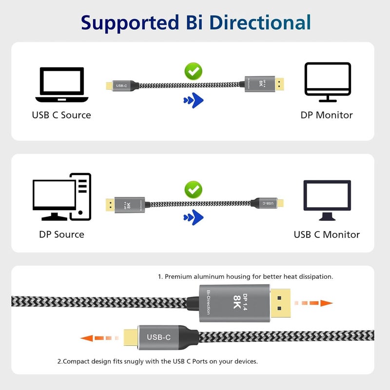 Tobo 8K Bi-Directional USB C To DisplayPort Cable 1.8m [ 8K@60Hz, 4K@144Hz ] DP 1.4 To USB4 Type C Adapter For Thunderbolt 3/4 M-Book Pro Air M4 Phone 16 15 Pro Pad XPS 13/15 S25 Ultra G8 G9 TD-1520CC - Image 5