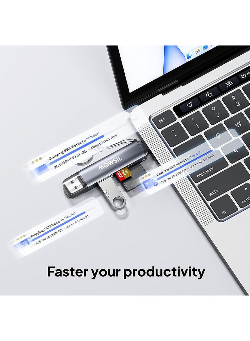 MOWSIL Mowsil SD Card Reader USB 3.0 & USB C OTG Dual Slot Memory 3 in1, SD Tr SD, Micro SD, SDHC, SDXC, MMC,USB 3.0 Output, Upto 5Gb/S, alumimuim case,Plug & Play, Compact, Windows/Mac, Grey - Image 5