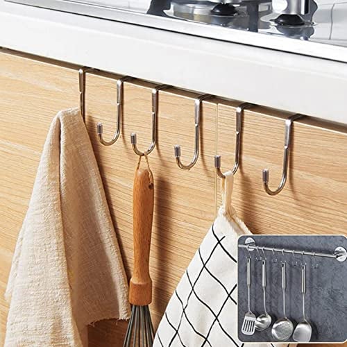 JIALTO® 2 PCS Over The Door Drawer Cabinet Hook, S.S 304 Stainless Steel Double S-Shaped Holder Hanger, Heavy Duty Free Punching Door Back Hanging Clothes Organizer (Silver) - Image 5