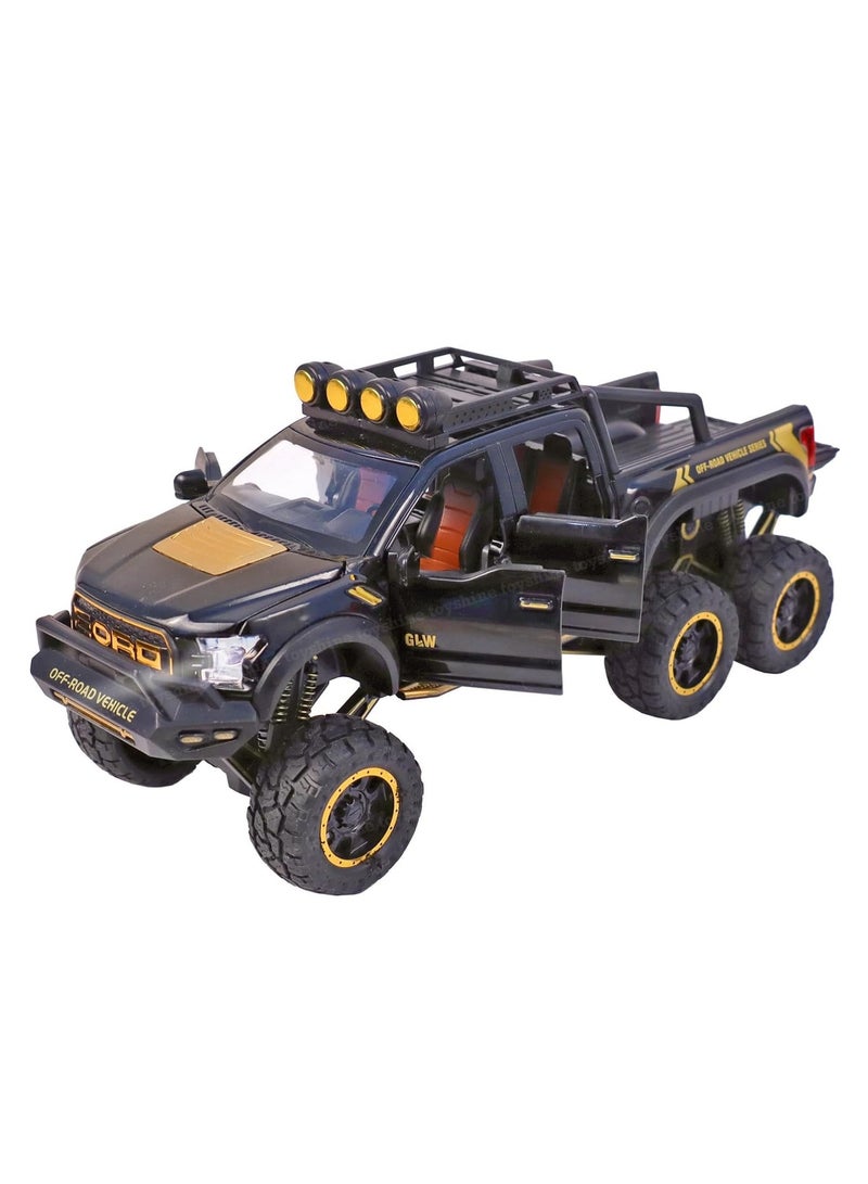 داي كاست 1:24 متوافقة مع نموذج سيارة فورد رابتور F150، سيارة لعبة من سبائك الزنك قابلة للسحب للخلف مع صوت وضوء، أبواب قابلة للفتح للأطفال والكبار (أسود) - Image 1