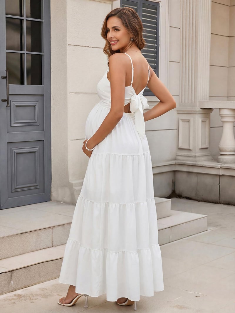 HTZMO Maternity Floral Summer Maxi Dress Bow Tie V Neck Baby Shower Photoshoot Casual Boho Long Sundress for Women White M - Image 5