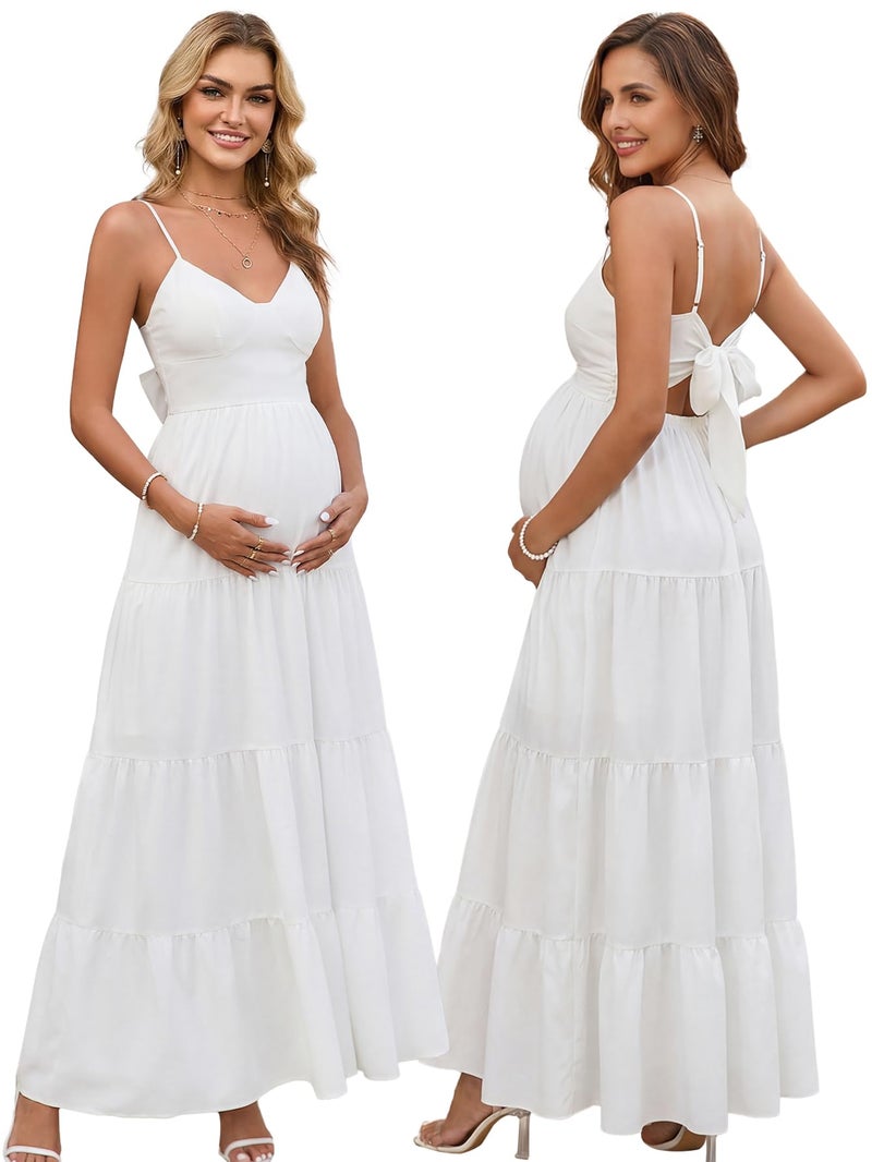 HTZMO Maternity Floral Summer Maxi Dress Bow Tie V Neck Baby Shower Photoshoot Casual Boho Long Sundress for Women White M - Image 1