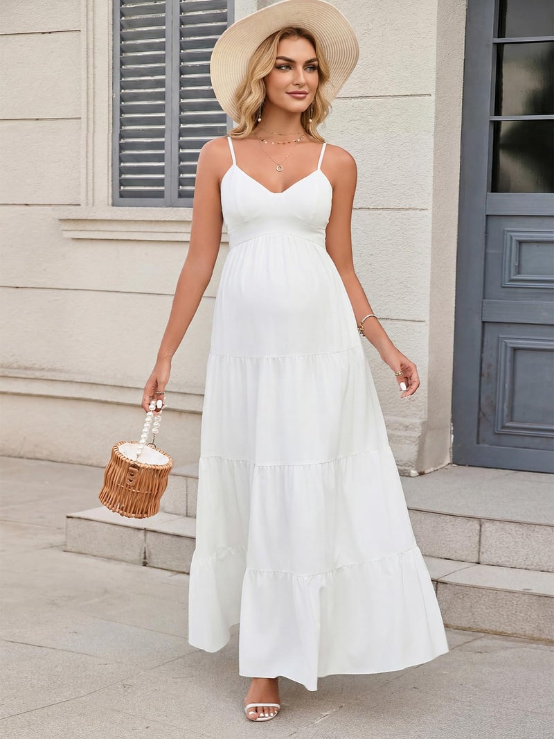 HTZMO Maternity Floral Summer Maxi Dress Bow Tie V Neck Baby Shower Photoshoot Casual Boho Long Sundress for Women White M - Image 3
